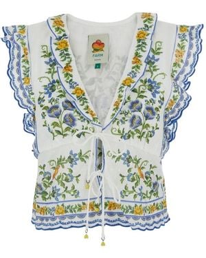 FARM Rio Floral Ruffled V-Neck Top - Blue