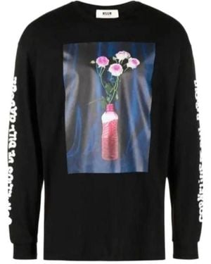 MSGM Graphic-Print Long-Sleeve Cotton T-Shirt - Black