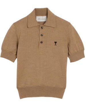 Ami Paris Short-Sleeved Knitted Polo Shirt - Natural