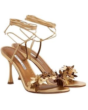 Manolo Blahnik Floral-Appliqué Leather Sandals - Metallic