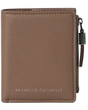 Brunello Cucinelli Grained Calfskin Compact Wallet With Shiny Zipper Pull - Brown