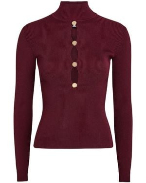 Self-Portrait Keyhole Ribbed Stretch-Knit Top - Red