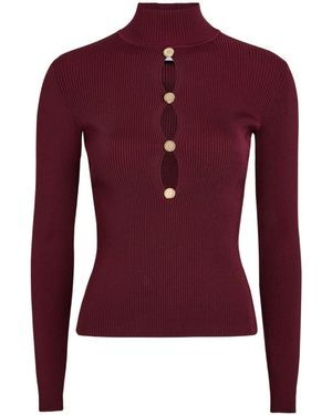 Self-Portrait Keyhole Ribbed Stretch-Knit Top - Red