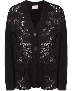 ERMANNO FIRENZE Floral-Embroidered Lace-Panel Cardigan - Black
