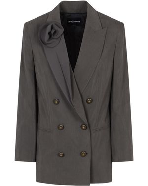 Giorgio Armani Floral Appliqué Double-Breasted Blazer - Black