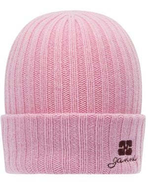 Ganni Ribbed Knit Hat - Pink