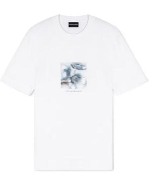 Emporio Armani Lyocell Blend Jersey T-Shirt With Printed And Embroidered Graphic Design - White