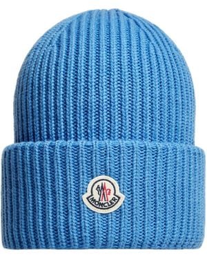 Moncler Logo Patch Knitted Beanie - Blue