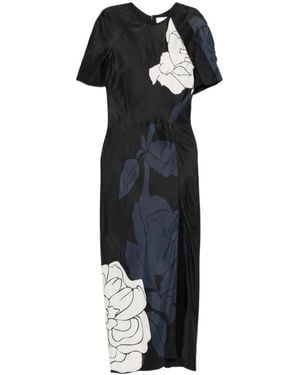 Victoria Beckham Floral Printed Split Hem Midi Dress - Black