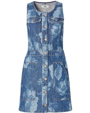 Fendi Floral Printed Sleeveless Denim Mini Dress - Blue