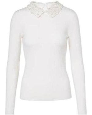 Carolina Herrera Embellished Ribbed-Knit Wool Top - White