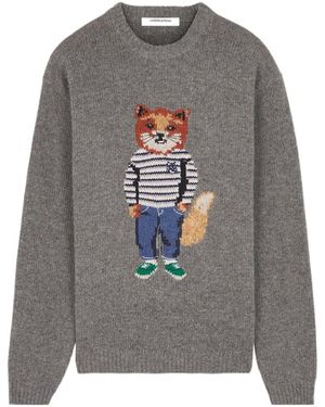 Maison Kitsuné Maison Kitsuné Dressed Fox-Intarsia Crewneck Jumper - Grey