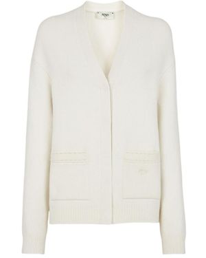 Fendi Logo Embroidered V-Neck Cardigan - White