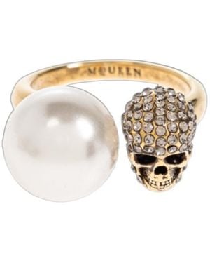 McQueen Skull Embellished Ring - White