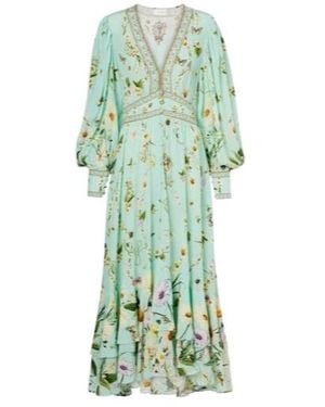 CAMILLA Floral Pattern Silk Crepe Dress - Green