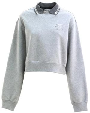 Miu Miu Ribbed-Collar Embroidered Sweatshirt - Blue
