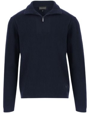 Emporio Armani Ribbed Half Zip Knitted Jumper - Blue
