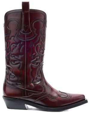 Ganni Mid Shaft Embroidered Western Boots - Purple