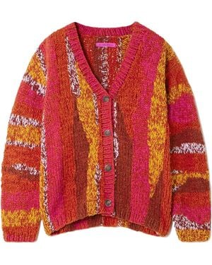 The Elder Statesman Striped Organic Cotton-Bouclé Cardigan - Red