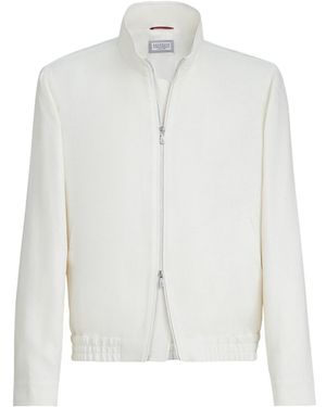 Brunello Cucinelli Silk-Linen-Wool Bomber Jacket - White