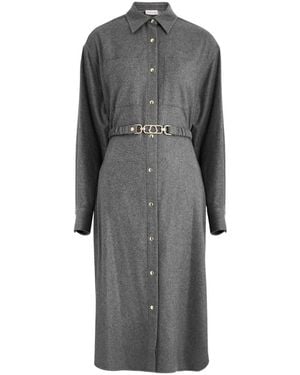 Moncler Belted Wool-Blend Midi Shirt Dress - Gray
