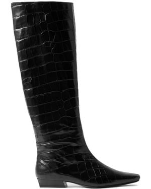 STAUD Croc-Effect Leather Knee Boots - Black