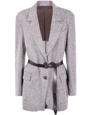 Brunello Cucinelli Herringbone Belted Jacket - Grey