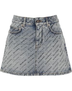 Balenciaga Allover Logo Printed Denim Mini Skirt - Grey