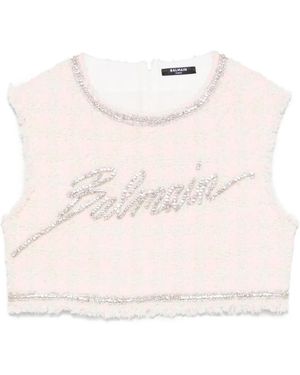 Balmain Embellished Trim Tweed Cropped Top - Natural