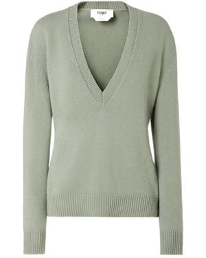 Fendi V-Neck Elastic Waistband Knitted Jumper - Green