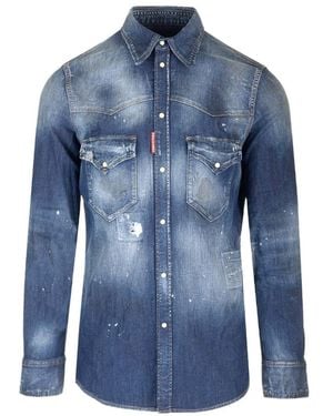 DSquared² Paint-Splatter Denim Shirt - Blue