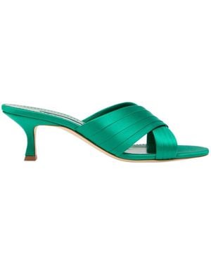 Manolo Blahnik Cross-Over Satin Mules - Green