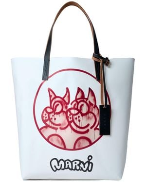 Marni And Fabric Tribeca Tote With Dogs Print - White