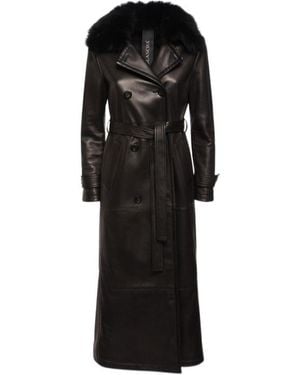Blancha Leather Shearling Trench Coat - Black