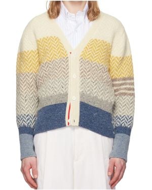 Thom Browne Stripe-Jacquard V-Neck Cardigan - Blue