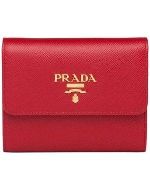 Prada Logo Plaque Tri-Fold Wallet - Red