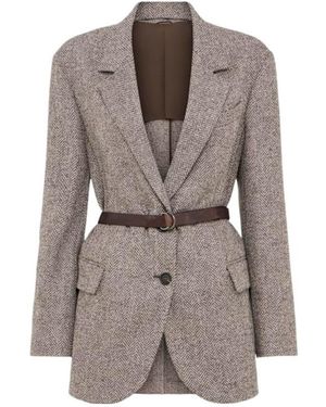 Brunello Cucinelli Belted Wool Blend Blazer - Brown