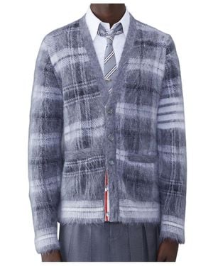 Thom Browne Textured Tartan Pattern Cardigan - Blue
