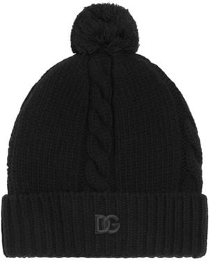 Dolce & Gabbana Cable Knit Logo Beanie Hat - Black