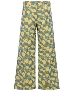 Marni Linen Blend Trousers With Floral Print - Green