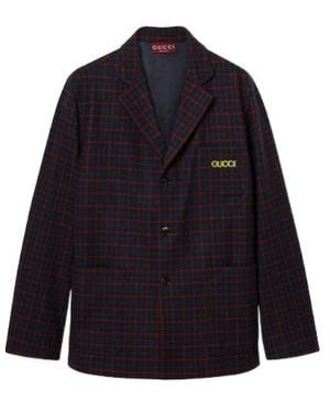 Gucci Embroidered Check Wool Flannel Jacket - Blue