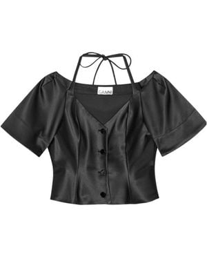 Ganni Halterneck Cropped Satin Blouse - Black