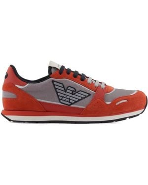 Emporio Armani Mesh Sneakers With Suede Details And Eagle Patch - Red