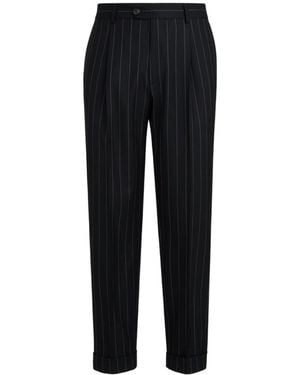 Brunello Cucinelli Super 150S Virgin Wool Wide Chalk Stripe Batavia Pants With Pleat - Black
