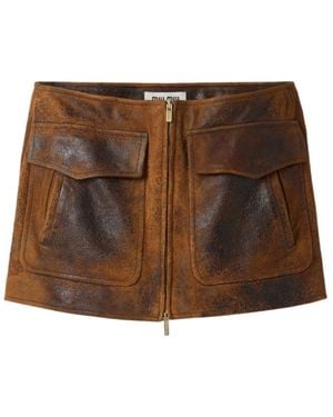 Miu Miu Waxed Suede Leather Mini-Skirt - Brown