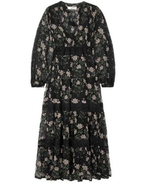 Sea Elizabeth Tiered Lace-Trimmed Floral-Print Crepon Midi Dress - Black