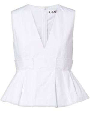 Ganni Peplum Cotton-Blend Poplin Top - White