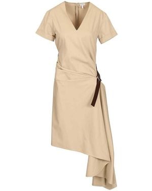 Loewe V-Neck Asymmetric Belted Dress - Natural