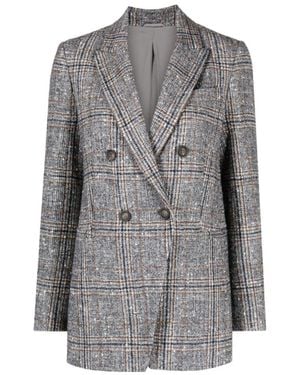 Brunello Cucinelli Double-Breasted Checked Wool-Blend Blazer - Grey