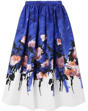 Erdem Gathered Floral-Print Cotton-Blend Twill Midi Skirt - Blue